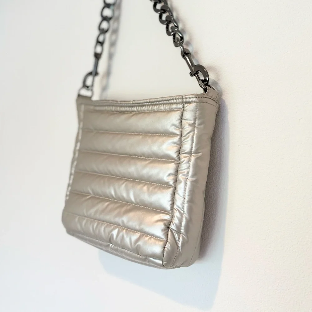 quilted silver puffy purse  - think royln downtown crossbody metallic hand bag